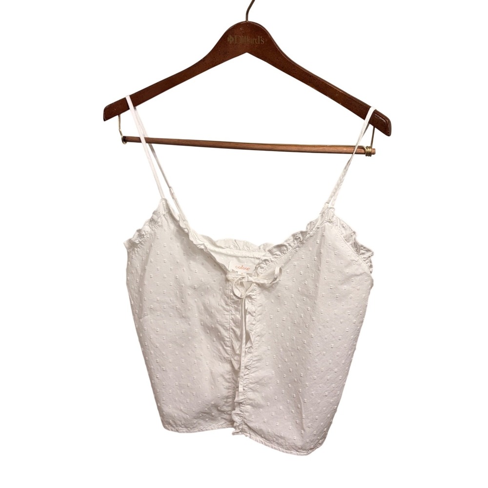 White Eyelet Top Ruffled Trim Spaghetti Straps Front Tie Sz M Coquette Fairycore